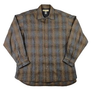 Naturalife Mens XL Plaid Wool Blend Long Sleeve Collared Button Up Shirt Brown